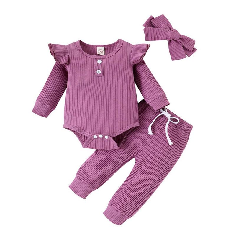 Baby Girl Long Sleeved Romper and Trousers with Headband Three-piece Set Solid Color Children's Clothing Set