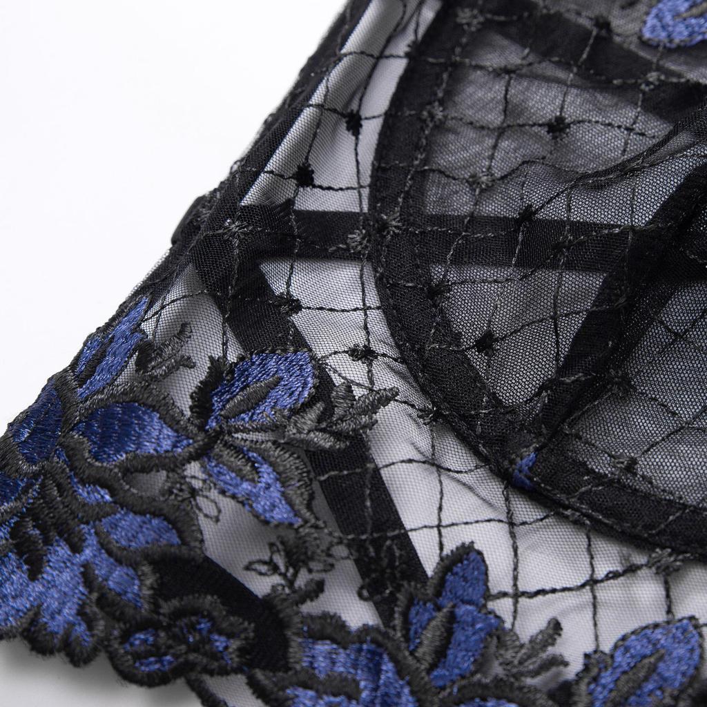 2022 Европейский и американский вышитый сетчатый цветочный комплект нижнего белья пуш-ап с поясом для чулок