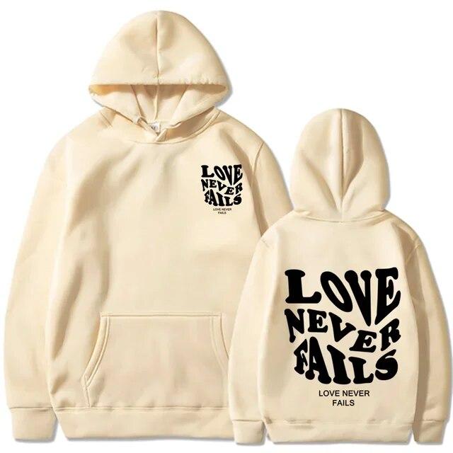 Love Never Fails Print Letter Hoodies Unisex/Women Sweatshirt Black Autumn Vintage Oversized Harajuku Loose Tops Casual Pullovers
