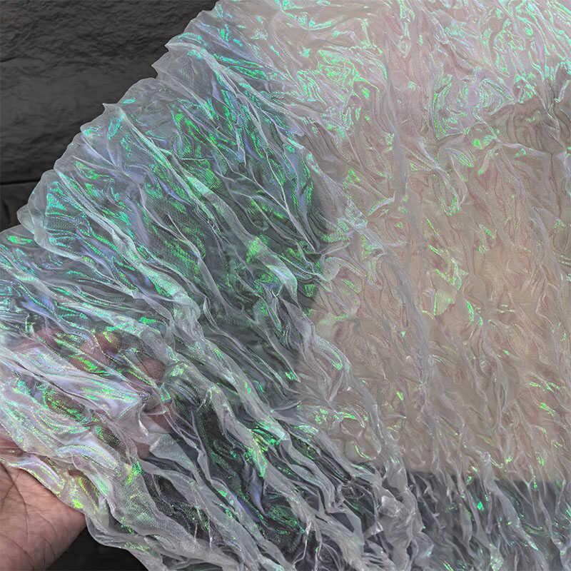 Laser Cut Organza Fabric Gradient Color Mermaid Texture for Wedding Dress Costume DIY Sewing Craft Material Wrinkle Wave Design