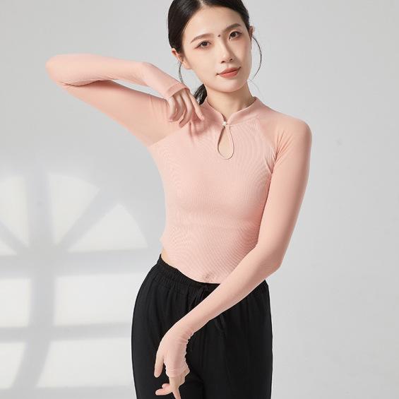 Женская ретро-топ с длинными рукавами для йоги и танцев в стиле шик — облегающий крой, китайский стиль.