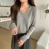Solid color soft waxy v-neck knitted sweater bottoming shirt long-sleeved women's autumn and winter lazy wind with simple sweater top