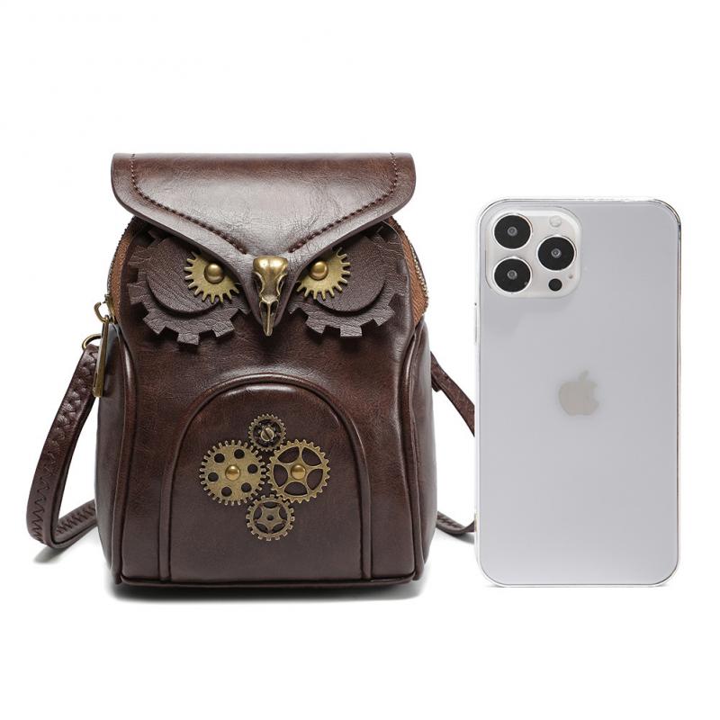 Medieval Retro Owl Design Women's Shoulder Crossbody Bag Vertical Square Small Bag Magnetic Closure Daily Outfit PU Shoulder Bag