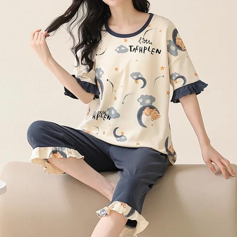 Летние пижамы-капри для женщин, повседневные пижамные комплекты с мультяшными лацканами, милая пижама для девочек из мягкого хлопка