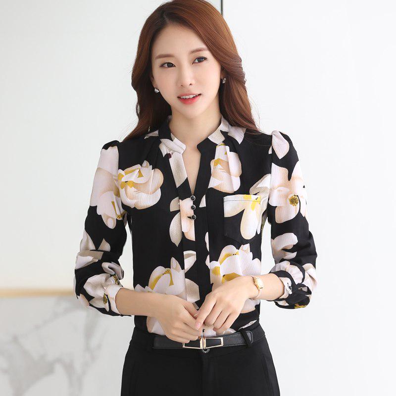 SURWENYUE Autumn Fashion Women Blouse Long Sleeve Chiffon Slim Femal White Black Print Blouse