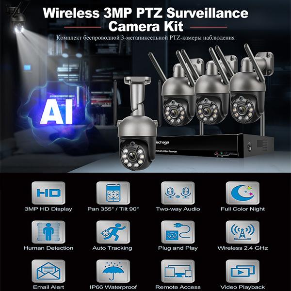 Techage 3-мегапиксельная PTZ-беспроводная система видеонаблюдения, двусторонняя аудиосвязь, Wi-Fi, IP-камера безопасности, 8-канальный P2P NVR, комплект видеонаблюдения, автоматическое отслеживание человека