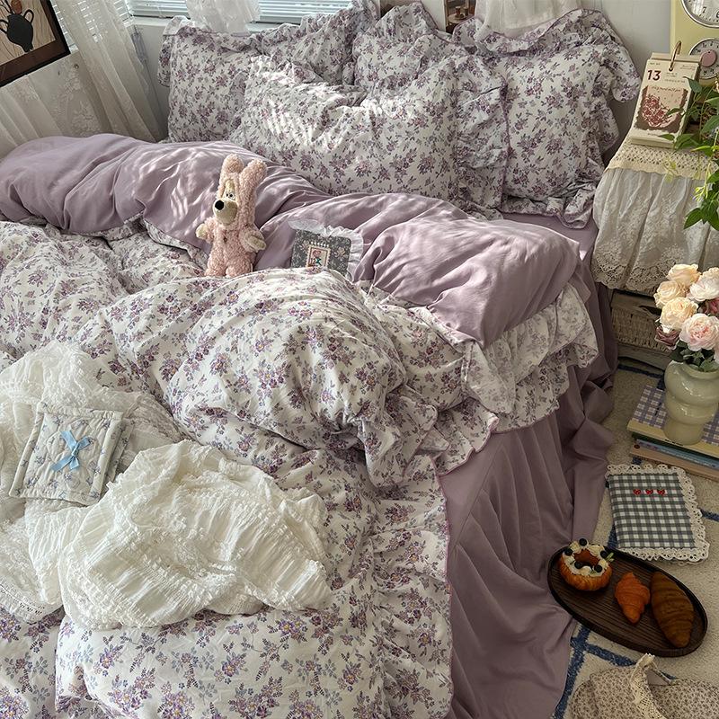 Floral Bedding Set Four-piece Romantic Skin-friendly Breathable Comfortable Washed Sheets Quilt Cover Pillowcase