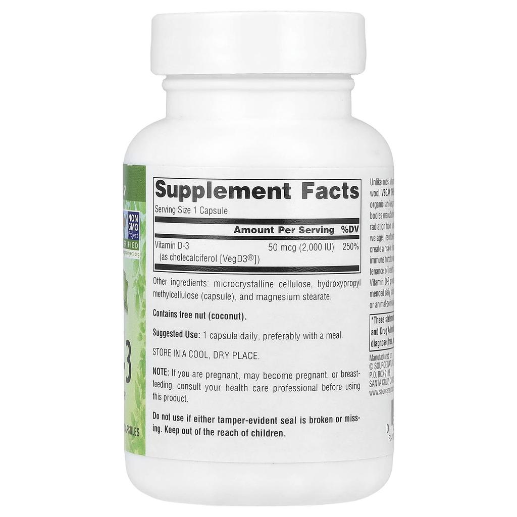 Source Naturals, Vegan True®, витамин D3 без ГМО, 50 мкг (2000 МЕ), 120 Вегетарианских капсул