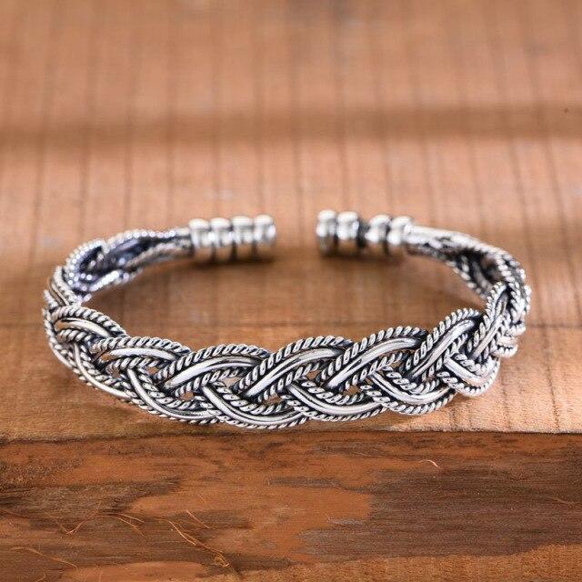 925 Sterling Silver Twist Hollow Bracelet Bangle Female Male Retro Hand Jewelry