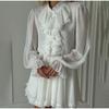White Elegant Ruffled Mini Dress for Women Patchwork High Waist Long Sleeve See-Through Party Dress