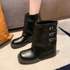 Ботинки до середины икры 2024 Женские ботинки Мотоциклетные ботинки на толстой подошве Универсальный стиль Ин ПУ кожа Однотонные Ботинки женские