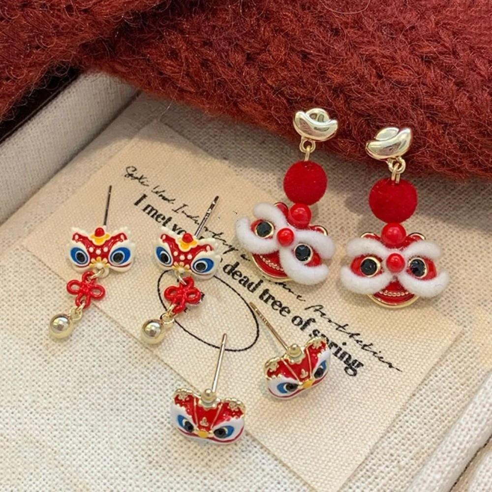 Cartoon Awakened Lion Earrings Good Luck Bell Ear Studs Lion Dance Earrings Set New Year Gift