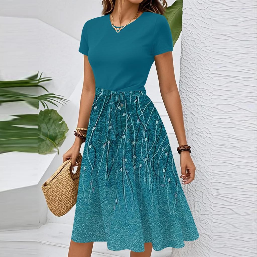 Women's Casual Fashion Belted Floral Print Short Sleeve Round Neck Elegant Dress