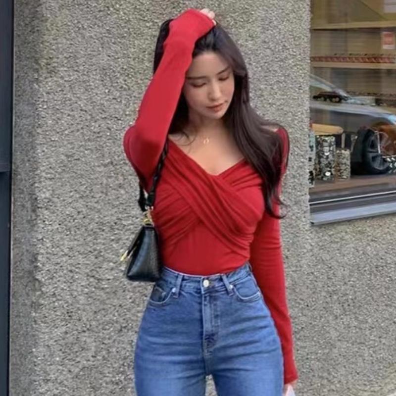 Модные длинные рукава, облегающие, сексуальные футболки с открытыми плечами, женские, с перекрестными складками и вырезом-лодочкой, элегантные, однотонные, повседневные женские футболки, топы 25526