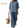 Women's Cotton Linen 2 Piece Set Casual Lapel V Neck Short Sleeve Top Wide Leg Pants Set Summer Loose Lounge Outfits