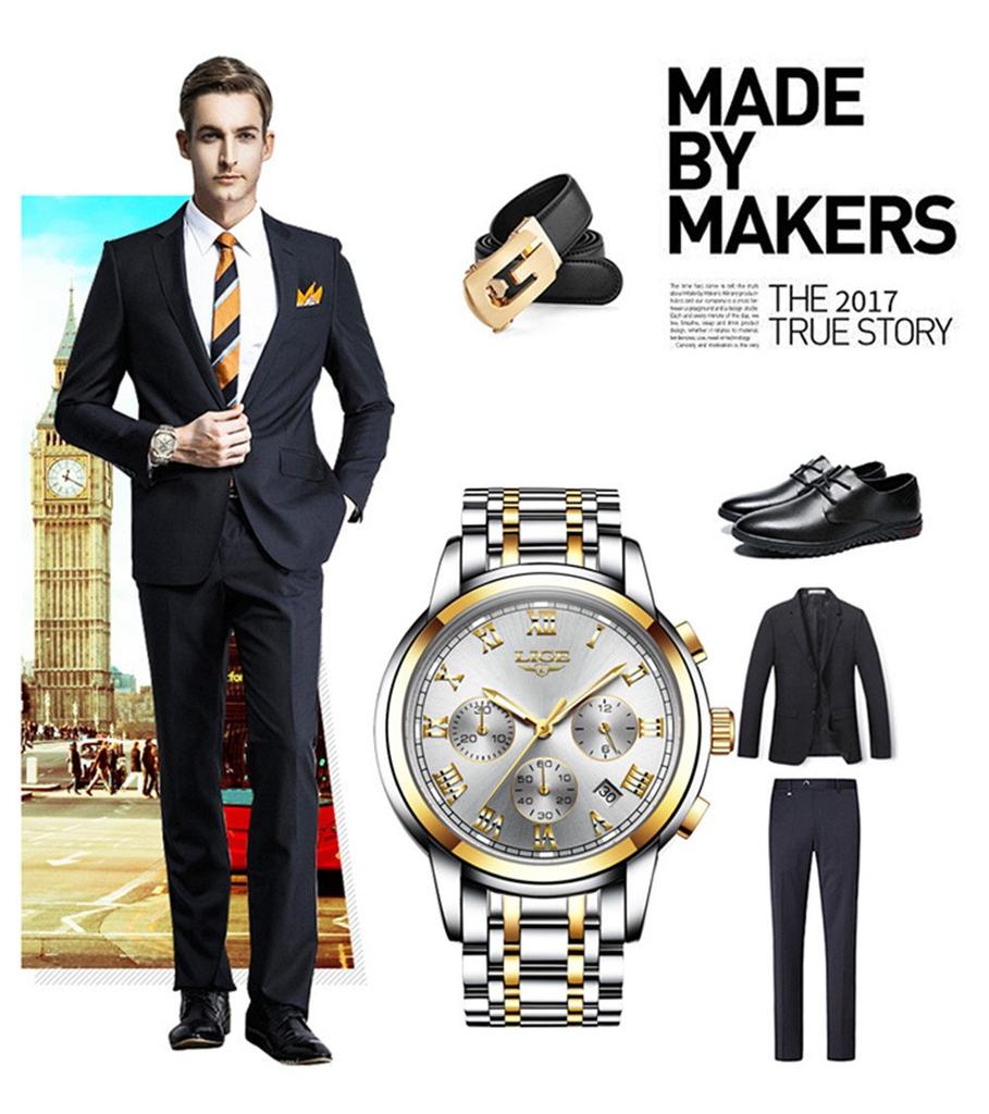 LIGE 9810 Часы Механизм Бизнес Водонепроницаемый Хронограф Полностью Стальной Кварцевый Светящийся Часы Золотые Белые Мужские