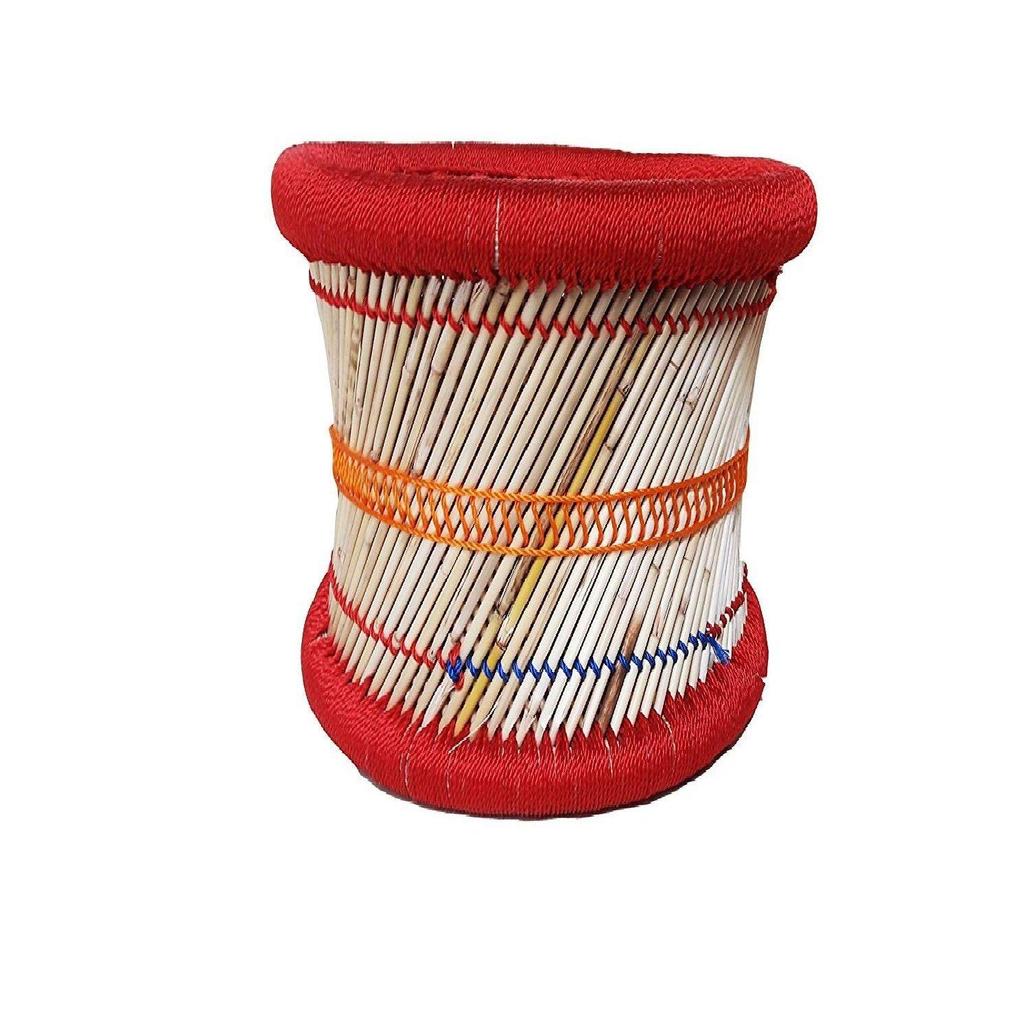 Eco-Friendly Cane Wood Bamboo Sitting Stool, Mudda for Indoor/Outdoor (Red: Set of 2)