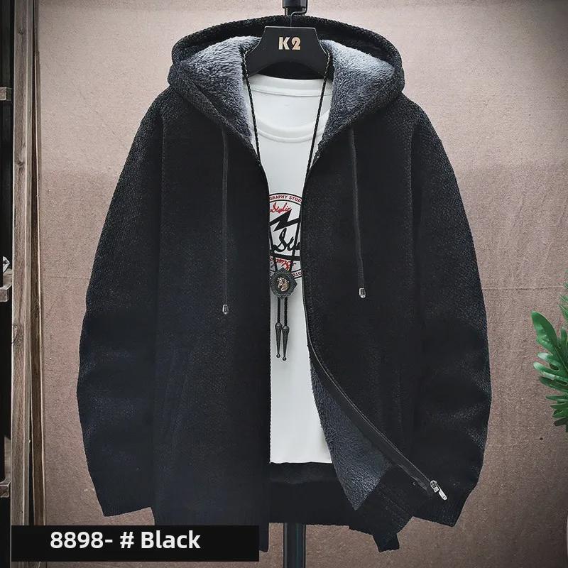 Уютный мужской свитер-кардиган с капюшоном в корейском стиле: Теплый, универсальный, с добавлением бархата, утолщенный для осени и зимы