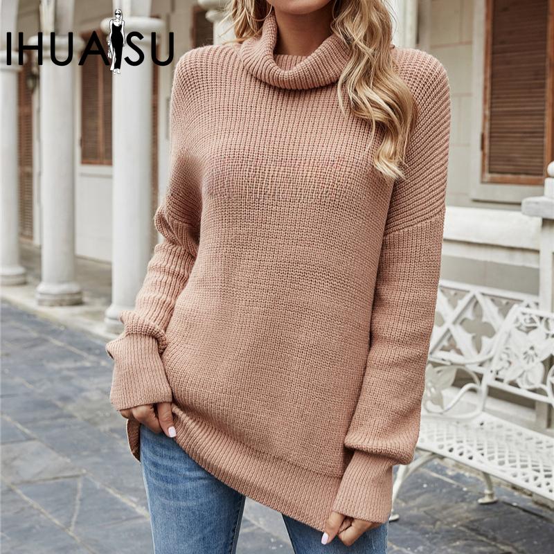 IHUASU Женский осенне-зимний свободный свитер с высоким воротом, однотонный свитер большого размера