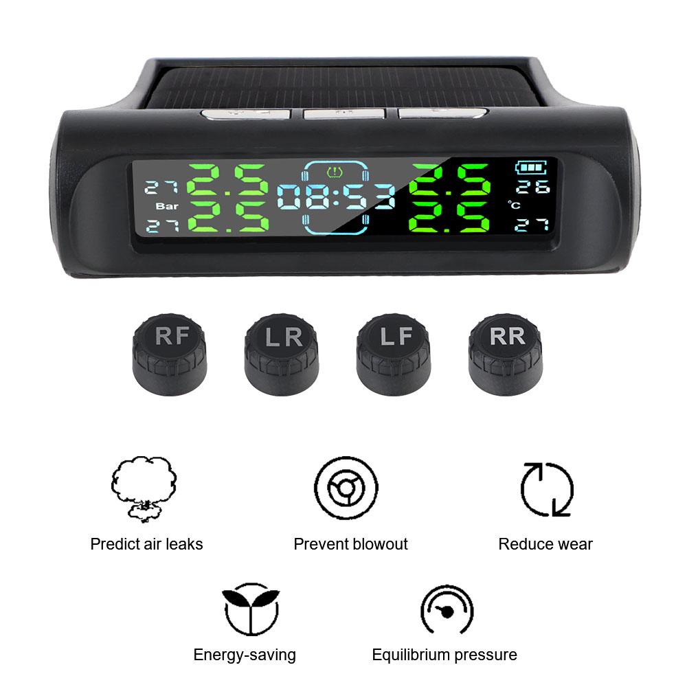Система контроля давления в шинах автомобиля 0-6 бар Цифровой ЖК-дисплей с цифровыми часами USB / Солнечная TPMS Автомобильные системы охранной сигнализации