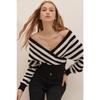 Women's Black Front Back And Double Breasted Crop Striped Knitwear Sweater Alc-x7570