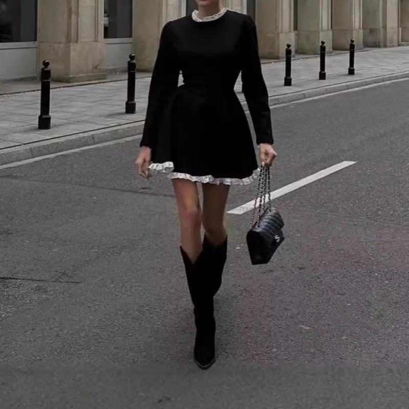 Splice Lace Mini Dress for Women High Waist Slim Elegant Dresses Femme Wedding Retro Temperament Dress Womens Clothes