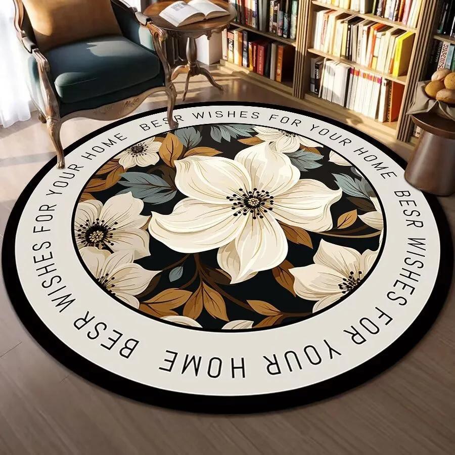 Round Area Rug With Traditional Patterns Lotus Flower Landscape Exquisite Artistic Style Soft Durable Floor Decor For Bedroom