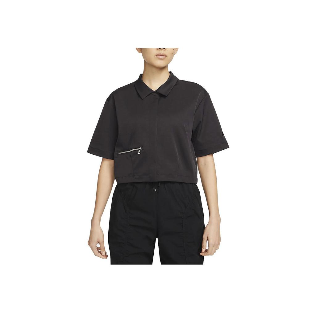 Nike Спортивная одежда Dri-FIT Tech Pack Однотонная тканая рубашка с короткими рукавами на молнии Женские топы Черный DV8241-010
