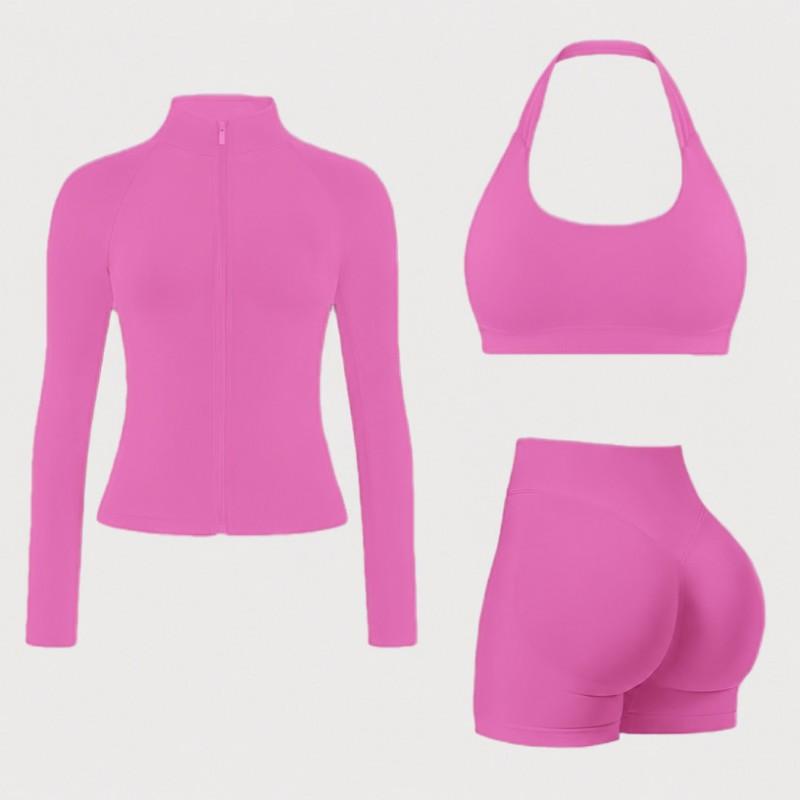 Womens 3-Piece Yoga Set: High-Support Sports Bra Legging Shorts Lightweight Jacket Gym Fitness Workout