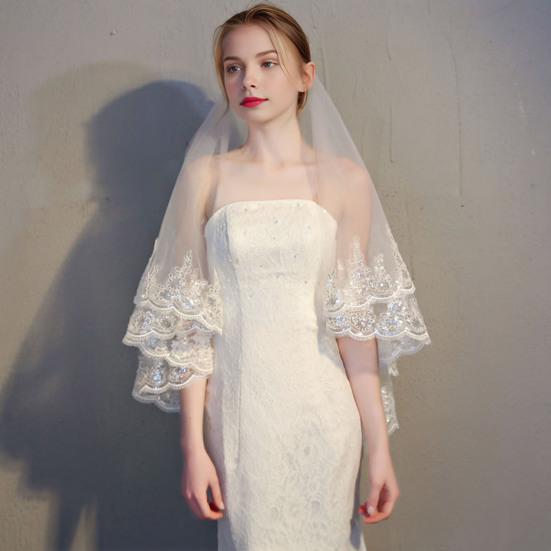 Женская двухслойная кружевная фата с противоскользящим гребнем и пайетками по краю из тюля