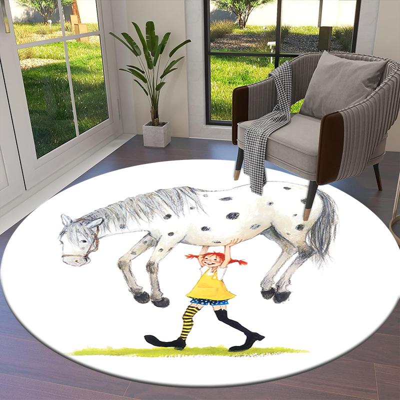 Круглый ковер с изображением мультфильма Пеппи Длинныйчулок, Ковер для гостиной, спальни, дивана, игровой комнаты, Нескользящий коврик Q0030