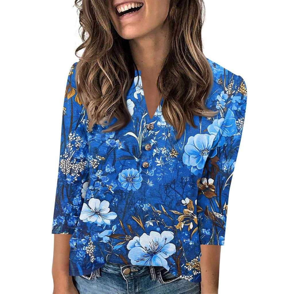 Женский модный повседневный пуловер с рукавом 3/4, принтом на пуговицах и V-образным вырезом