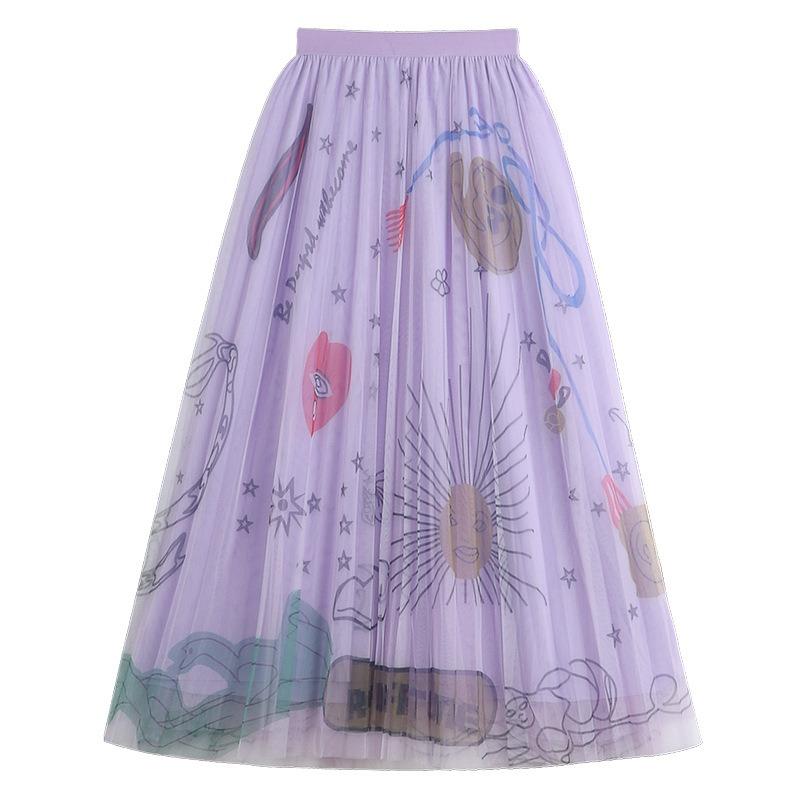 DX~~ Новая плиссированная сетчатая юбка с принтом граффити, женская весенняя новая тонкая газовая юбка миди с высокой талией