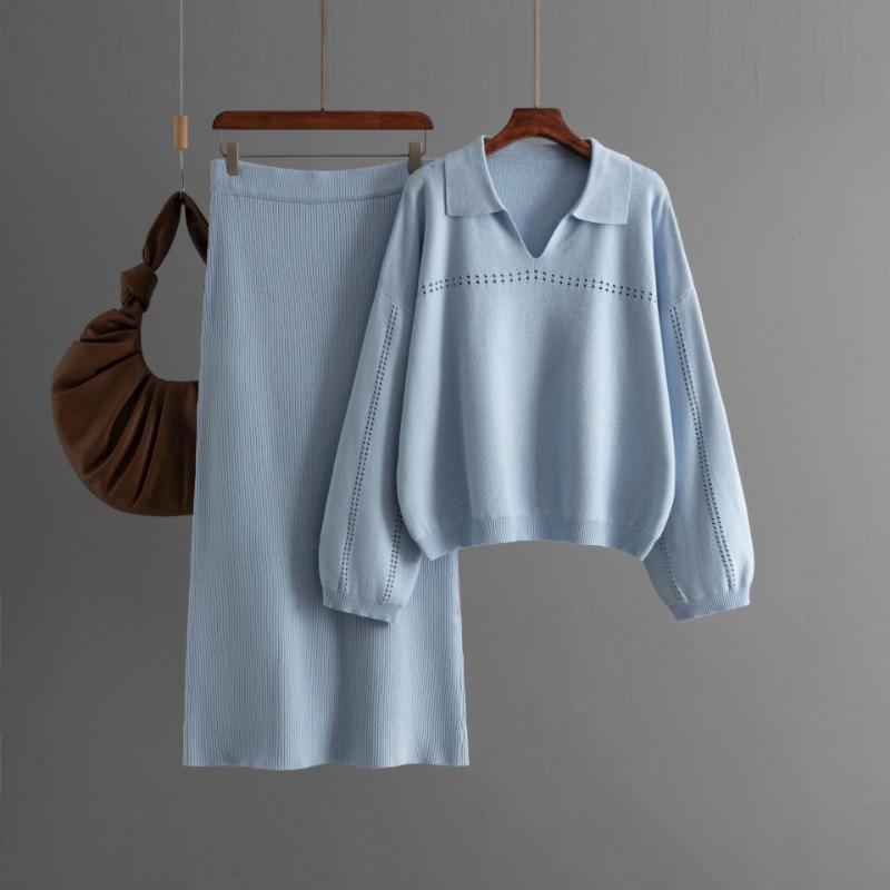 Autumn and Winter New Knit Sweater Set POLO Collar Ladies Simple Trend V-neck Solid Color Loose Slim Dress