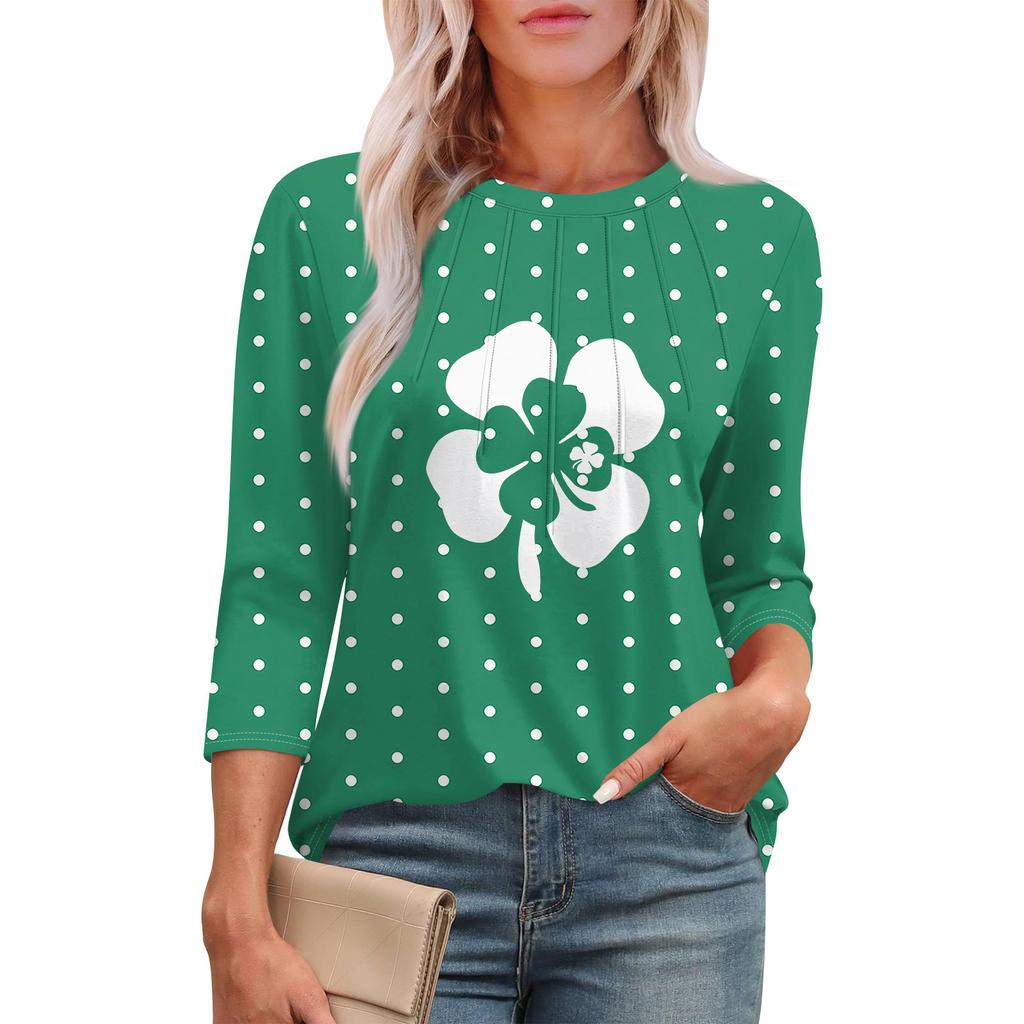 Women's Fashion Round Neck Seven Sleeve St. Patrick's Day Printed Pleated T-Shirt Top