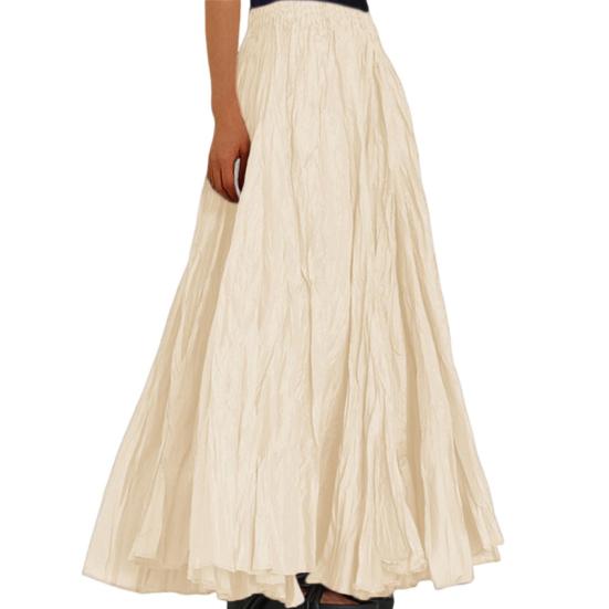 Women Skirt Elastic High Waist Pleated Maxi Skirt Solid Color A-Line Ankle-Length Skirt Large Hem Long Skirt Work Leisure Wear