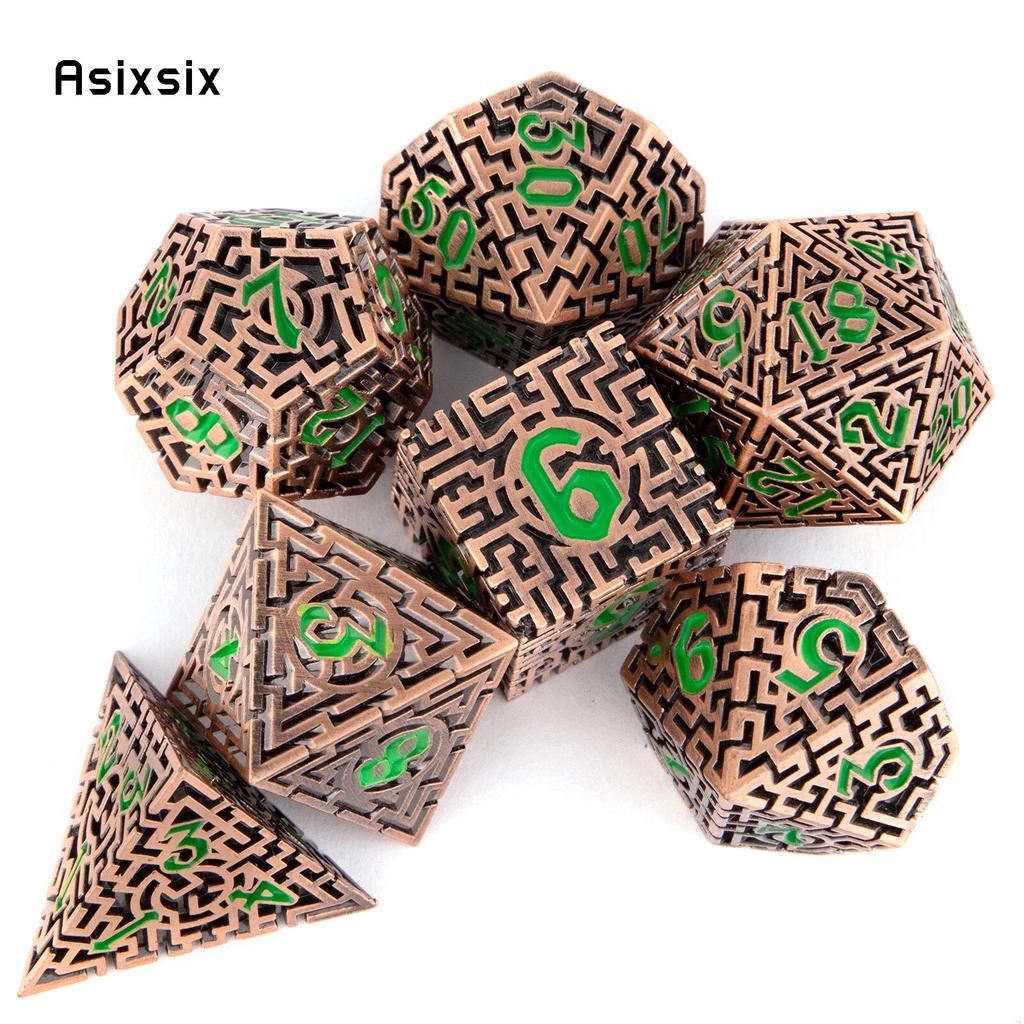 7 шт. медно-зеленые металлические кубики-лабиринт, набор твердых металлических многогранных кубиков, подходящий для ролевой игры, настольной игры, карточной игры