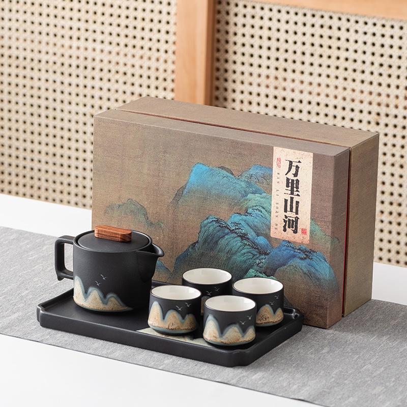 Расписанный вручную чайник с подъемной ручкой в виде далекой горы, чайный сервиз кунг-фу, чайная чашка, чайный поднос, подарочная коробка в твердом переплете, высококлассный бизнес-сувенир