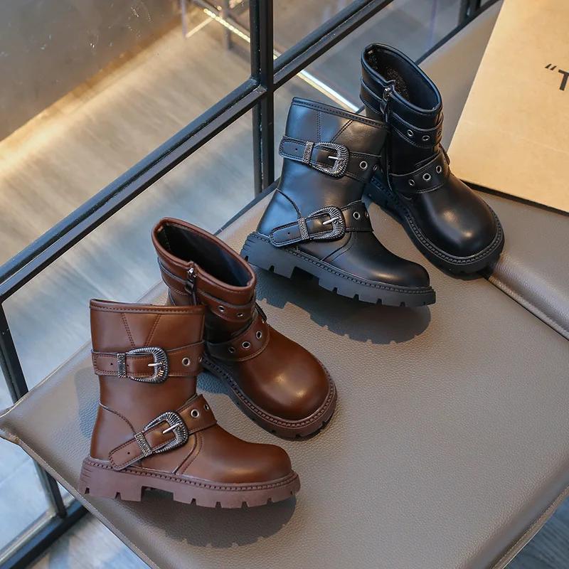 Retro Girls' Boots Spring Autumn Children Mid-calf Boots Solid Color Versatile Princess Catwalk Shoes Fashion Kids Causal Boots
