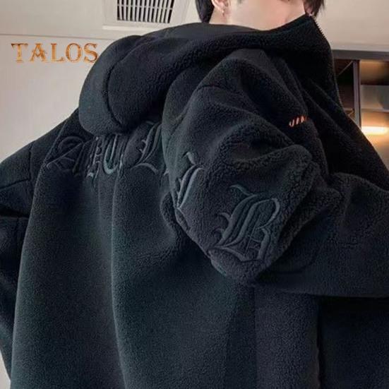 Мужская куртка, пальто с капюшоном, длинный рукав, вышитый буквенный принт, однотонное пальто, застежка-молния, толстый флис, теплая зимняя верхняя одежда