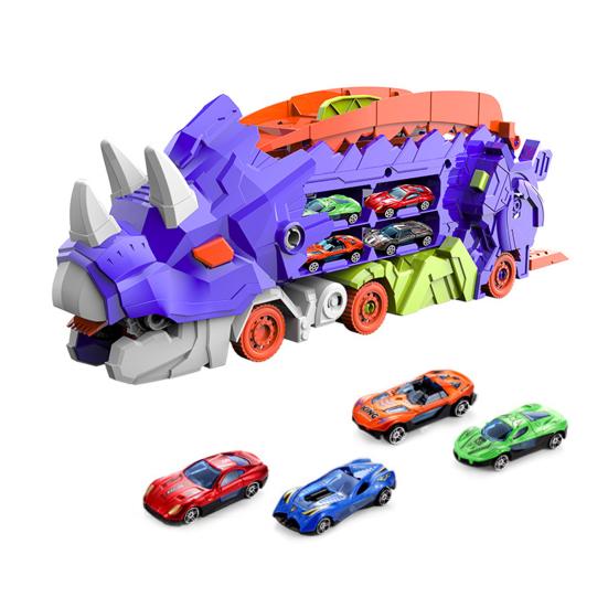 1 Set Dinosaur Swallow Truck Toy with Small Alloy Car Foldable Track Portable Handle Inertial Drive Dinosaur Container Carrier Vehicle Toy Boys Girls