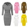 Midi Dress Waist Tight Coldproof Breathable Stylish Women Autumn Winter Striped Print Slim Hooded Dress Streetwear