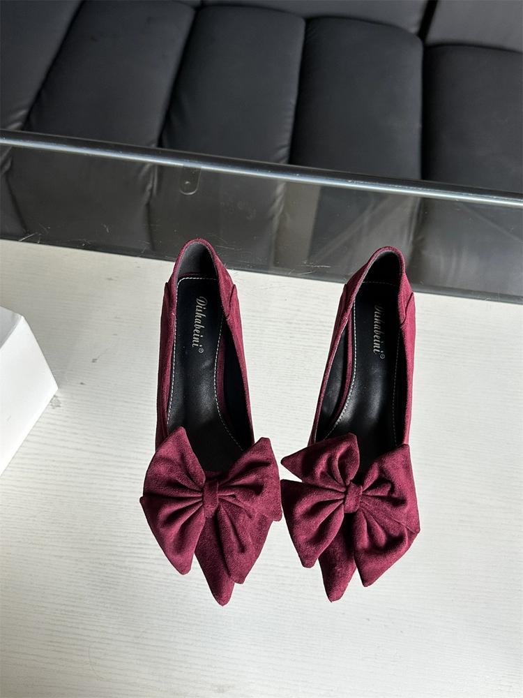 2024 Women's High Heels Spring and Autumn Bow Imitation Suede Velvet Luxury Designer Women's Shoes