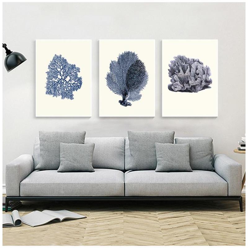 Dark Blue Coral Art Prints, Antique Wall Decorations, Vintage Marine Corals, Wall Art Prints, Canvas Painting,