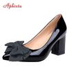 Aphixta New 7cm Square Heel Patent Leather Shoes Women Pumps Dark Green Flowers Officile Pointed Toe Plus Size 49 50