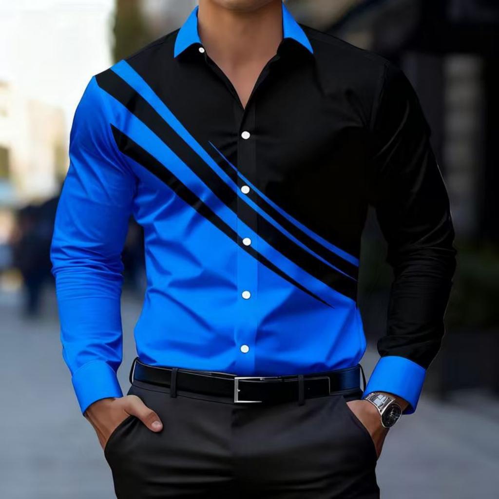 Мужские рубашки с длинным рукавом, рубашки в стиле business casual, мужские рубашки на пуговицах с отложным воротником и цветными блоками
