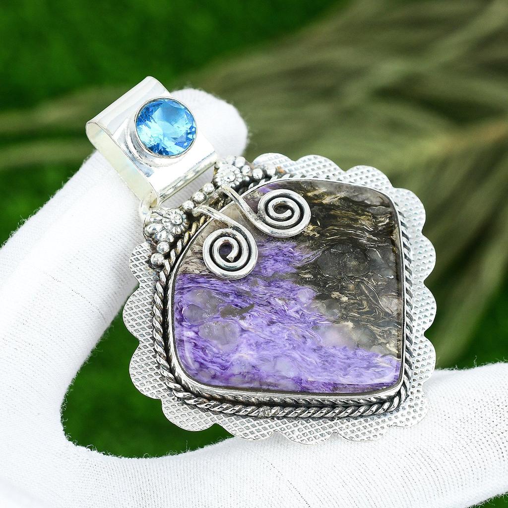Natural Russian Charoite Blue Topaz New Ethnic Daughter Pendant Sterling Silver