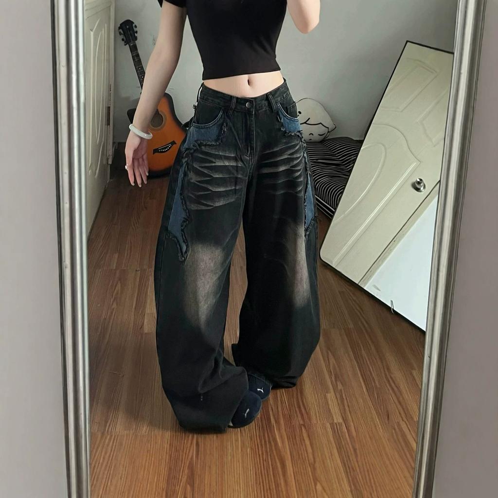 Black Scimitar Jeans Women's New Wasteland Retro Style Splicing Spice Girl Street Design Wide Leg Pants