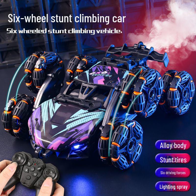 Six-Wheel Alloy Remote Control Off-Road Stunt Car with Gesture Sensing and Spray for Kids