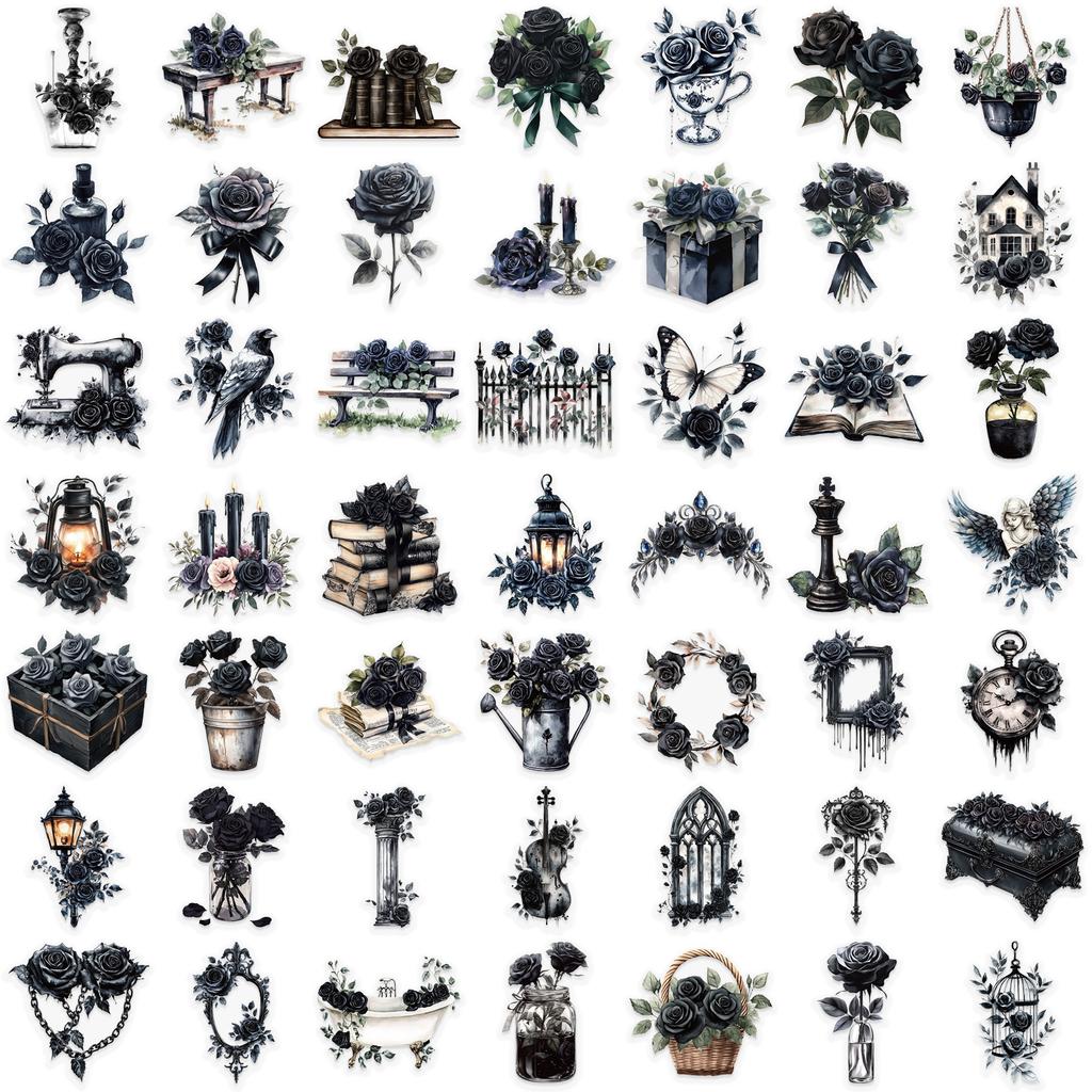 50 Transparent Cartoon Dark Rose Sticker Pack Waterproof Transparent PET Handbook Material Decorative Guitar Notebook